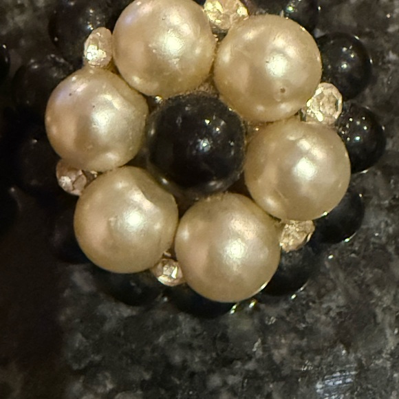 Vintage Elegant Black and Pearl Rhinestone Cluster Earrings Clip back - Picture 6 of 10